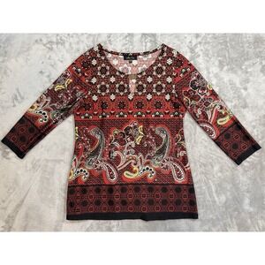 Melissa Page Blouse Womens L Red Paisley Tunic Top Stretch 3/4 Sleeve Split Neck